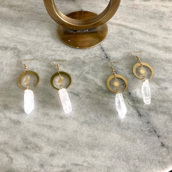 Quartz Stone Crescent Moon and Sun Drop Gold Earrings - Picture 4 of 5